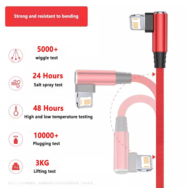 90 graders USB-kabel för iPhone 14 13 12 11 Pro Max X XR 6s 7 8 Plus Mobiltelefon Snabbladdningskabel Datakabel Laddningssladd Red 2m