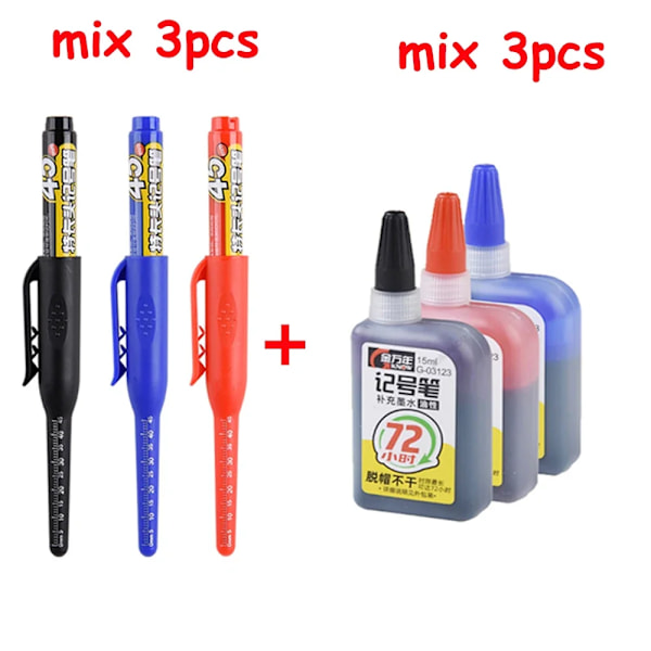 1-6 st 45 mm Vattentät Lång Huvud Nib Djupa Hål Markörer Penna Kakel Snickarpenna Multifunktionell för Träbearbetning Svart/Blå/Röd Bläck mix 3pen 3ink