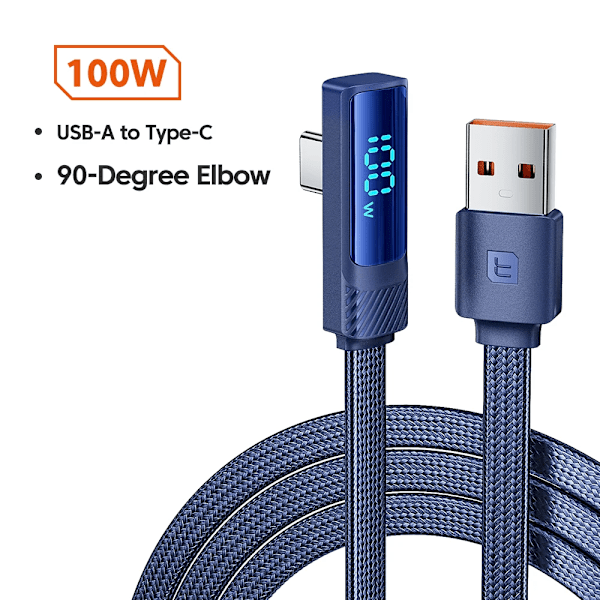 Toocki PD 100W 66W USB Typ C-kabel 90 graders snabbladdning för Huawei Mate 40 P50 Samsung Xiaomi Digital Display Typ C Datakabel Blue 1m