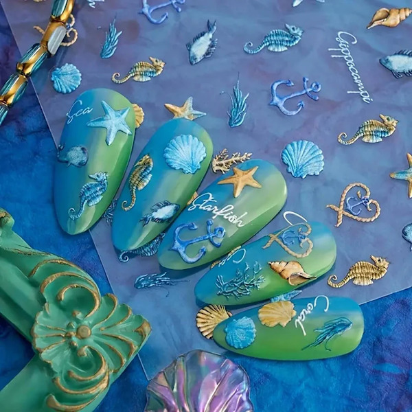 1 st Havs-Nageldekaler 5D Sommar Sjöstjärna Snäcka Nageldekaler Dekoration Y2K Präglade Nageldekorationer Manikyr Slider Ocean