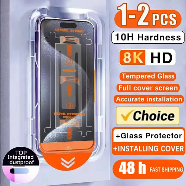 1-2 st 8K HD Härdat Glas Film För iPhone 16 14 13 12 11 15 Pro Max X XS Max XR 7 8 Plus SE Skärmskydd Auto-Dammborttagning For iPhone 12 1PC