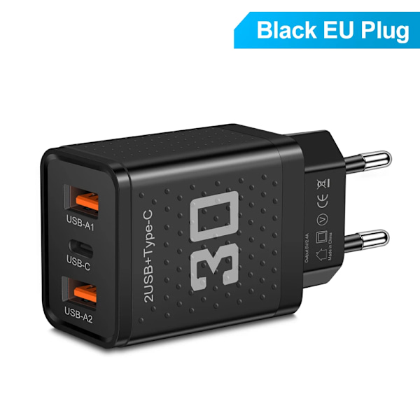 30W USB C PD Laddare Snabbladdare 3.0 Snabbladdning Typ C USB Telefonladdare Adapter För iPhone 15 14 13 Samsung Xiaomi Huawei Black EU