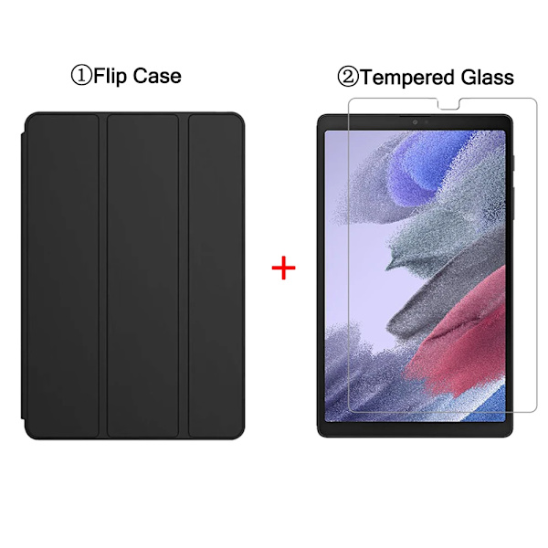Slimmat Fodral För Samsung Galaxy Tab A7 Lite 8.7'' 2021 SM-T220 SM-T225 Flip Tablet Skydd Tri-Fold Ställ Smart Folio Skal Black and Glass For Tab A7 Lite 8.7