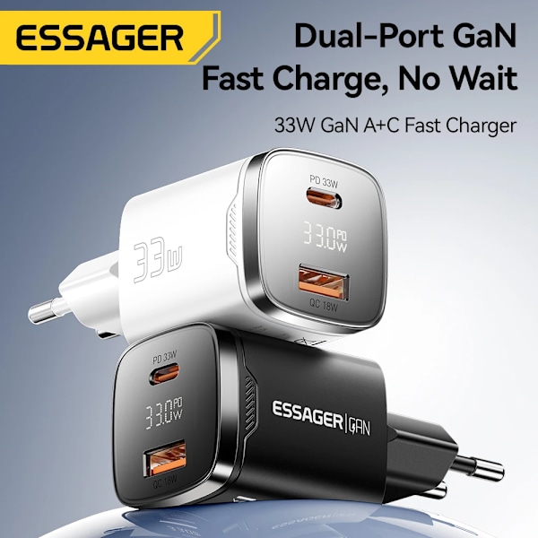 Essager 33W GaN USB Typ C Laddare Digital Display PD Snabbladdning För iPhone 16 15 14 Pro Max iPad Mini 6 Xiaomi Samsung S22 Black EU Plug