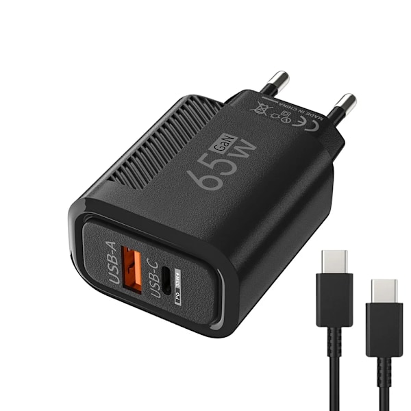 Ny Total 65W GaN USB Snabbladdare Typ C PD Kabel Snabbladdning Mobiltelefon Strömadapter för iPhone 16 Pro Xiaomi Samsung Huawei EU Black