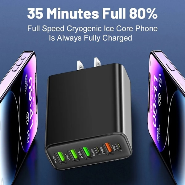 Total 65W 6 i 1 4 USB och 2 Type C Snabbladdning Snabb Väggladdare För iPhone Samsung Xiaomi Huawei Oppo Mobiltelefon Adapter EU Plug Yellow