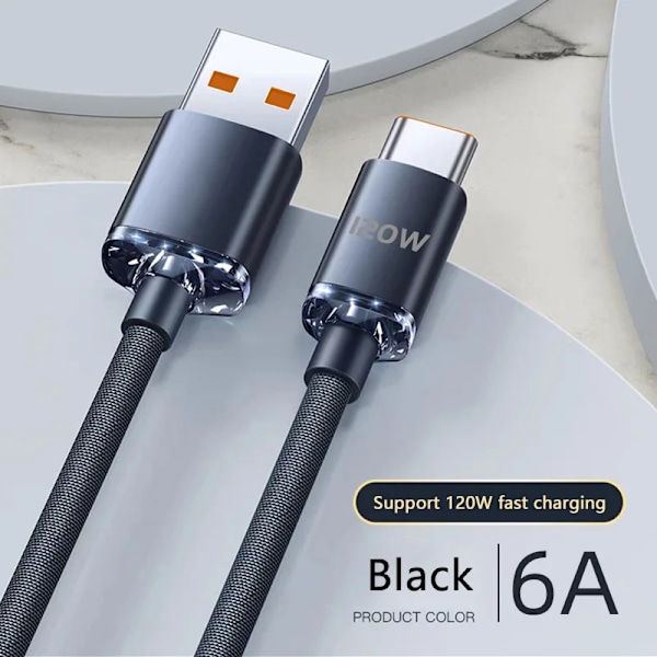 120W 6A Snabbladdning USB Typ C Snabbladdningskabel För Samsung S25 S24 S23 Xiaomi 13 Huawei Telefon Snabbladdningskabel Datakablar Black 1m
