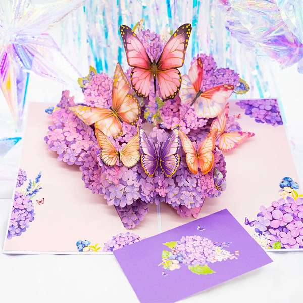 3D Pop Up Grattis på födelsedagen Bröllop Hälsning Inbjudningskort Pojke Flicka Barn Present Tackkort Miniatyrer Bästa Önskningar Vykort purple butterflies