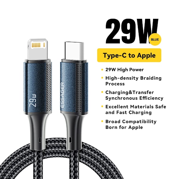 Essager USB C-kabel för iPhone 14 13 12 11 Pro Max Xs 8 Plus iPad Macbook Sladd 29W PD Snabbladdning Typ C till Lightning Datakabel Blue 27W 0.25m