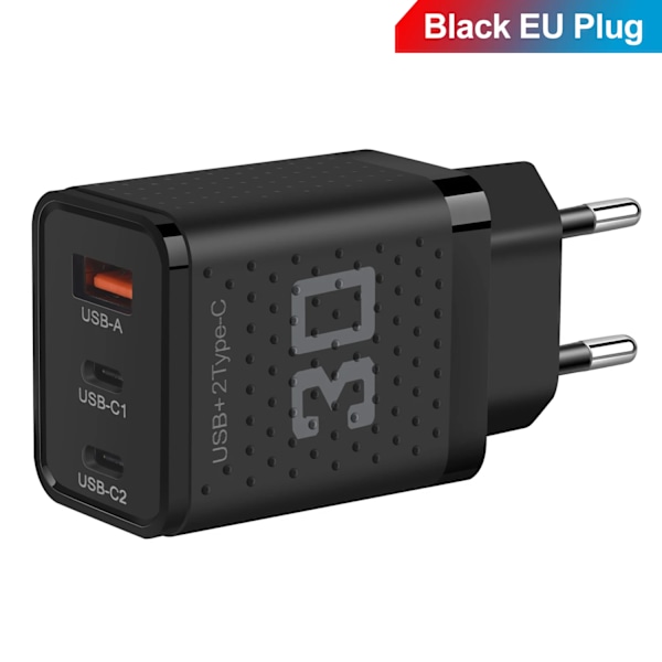 30W USB-laddare Quick Charge 3.0 PD Typ C Snabbladdande Telefonladdare Adapter För iPhone 15 Samsung Xiaomi 3 Portar Väggladdare Black EU