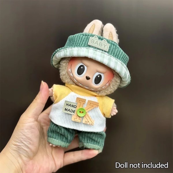 17cm Mini Plyschdockas Kläder Outfit Tillbehör För Korea Kpop Labubu Idol Sittande Fest V1 V2 Höst onesie hatt set Kläder 03 no doll