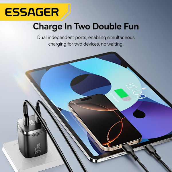 Essager 33W GaN USB Typ C Laddare Digital Display PD Snabbladdning För iPhone 16 15 14 Pro Max iPad Mini 6 Xiaomi Samsung S22 Black EU Plug