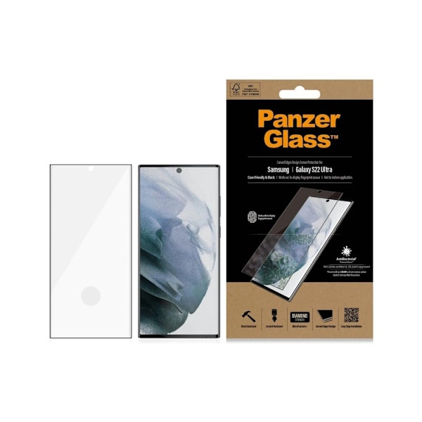 PanzerGlass, Samsung, Galaxy S22 Ultra, karkaistu lasi, musta, koteloystävällinen. Yhteensopiva ultraäänisormenjälkitunnistimen kanssa. 100 % kosketus