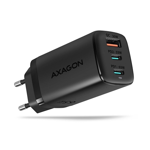 AXAGON, GaN seinälaturi 3x portti (USB-A + 2x USB-C), 65W, ACU-DPQ65 musta