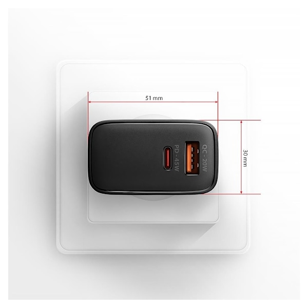 AXAGON, GaN vegglader 2x port (USB-A + USB-C), PD3.0/PPS/QC4+/SFC2.0/AFC/SCP/FCP/Apple, 45W, ACU-PQ45