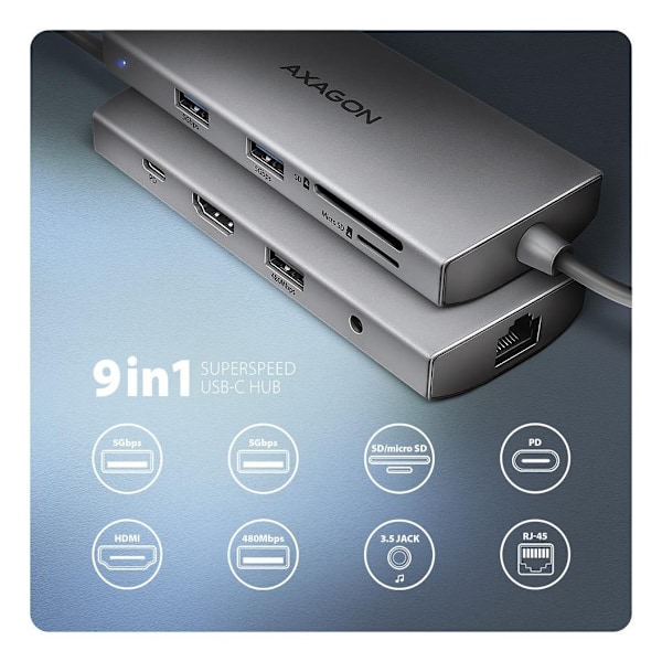 AXAGON, Multiport USB-C 5Gbps hub, HMC-8HLSA