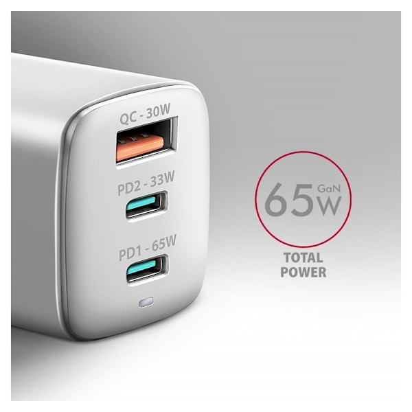 AXAGON, GaN vegglader 3x port (USB-A + 2x USB-C), PD3.0/PPS/QC4+/SFC2.0/AFC/SCP/FCP/Apple, 65W, ACU-DPQ65W
