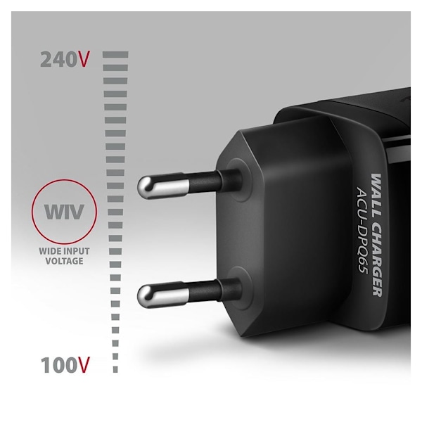 AXAGON, GaN väggladdare 3x port (USB-A + 2x USB-C), 65W, ACU-DPQ65