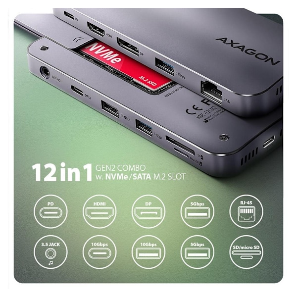 AXAGON, USB-C 10Gbps GEN2COMBO 12in1-keskitin, HMC-12GM2