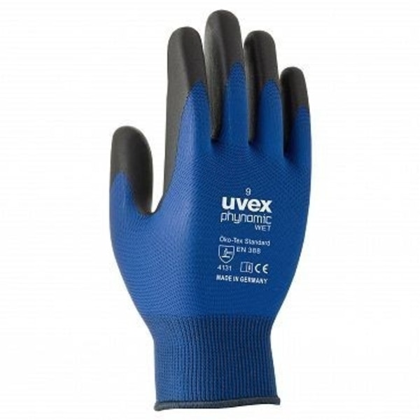 Set med 4 produkter. Skyddshandskar Uvex Phynomic WET, Polyamid/elastan med Aqua polymerbeläggning för våtutrymmen, blå. Storlek 8