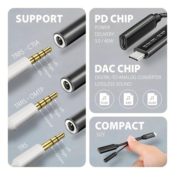 AXAGON, ADA-HCPD USB-C - Hi-Res DAC Audio Adapter PD, 60W