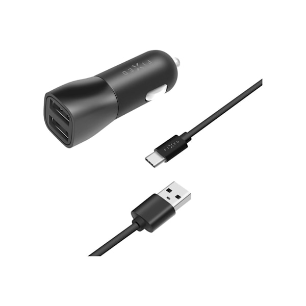 Fast, biloplader, dobbelt USB-kabel