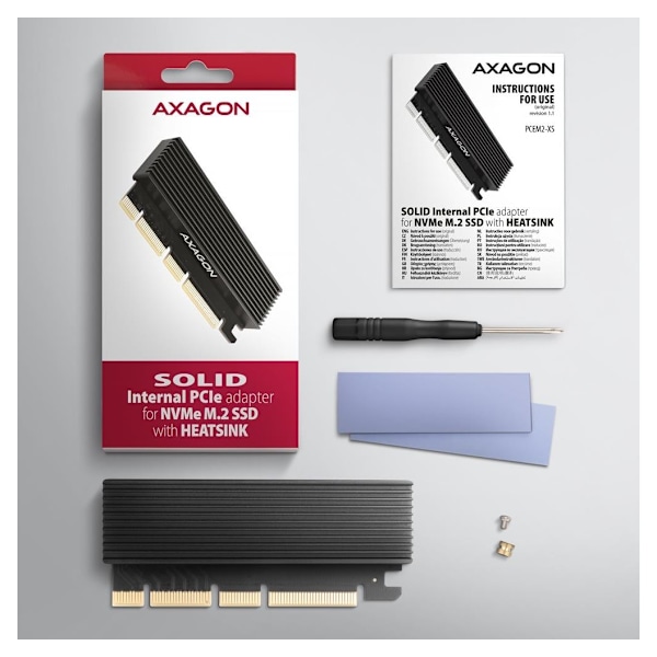 AXAGON, PCI-Express x16-adapter med kjøler for tilkobling av en NVMe M.2 SSD-stasjon til en datamaskin, PCEM2-XS