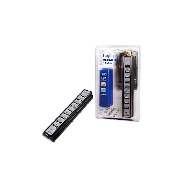 Logilink, USB Hub, USB 2.0 Hub-10 port med strømadapter