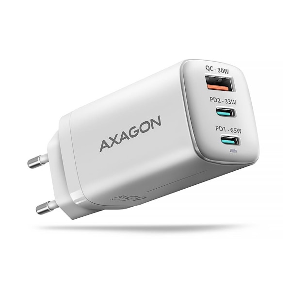 AXAGON, GaN vegglader 3x port (USB-A + 2x USB-C), PD3.0/PPS/QC4+/SFC2.0/AFC/SCP/FCP/Apple, 65W, ACU-DPQ65W