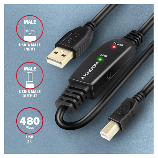 AXAGON, USB Type A - USB Type B, USB repeater kabel, 10 m, ADR-210B