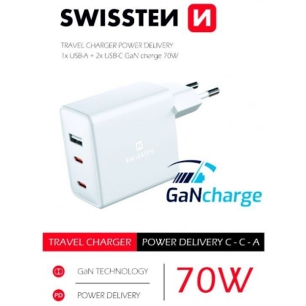 Mobil DC-adapter hånd, Travel PD 1xUSB + 2xUSB-C GaN 70W Hvit, Swissten
