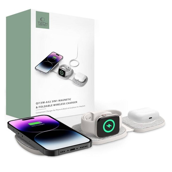 Tech-Protect trådløs oplader A32 3in1 Magnetic MagSafe QI15W, grå