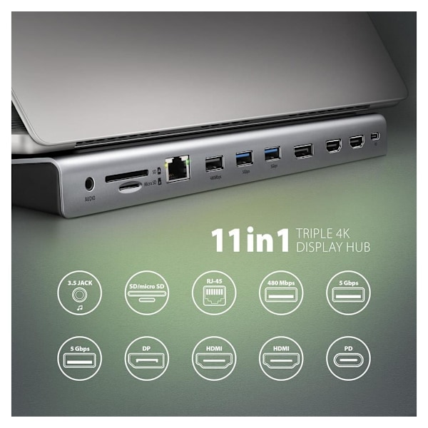 AXAGON, USB-C 5 Gbps TRIPLE 4K DISPLAY 11in1 Hub, HMC-4KX3