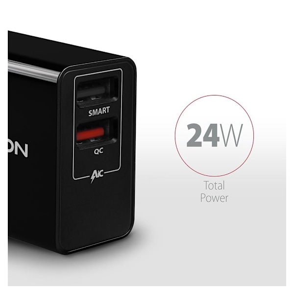 AXAGON, dobbel vegglader 240V/2x USB-port QC3.0/AFC/FCP og 5V-1.2A, 24W, ACU-QS24