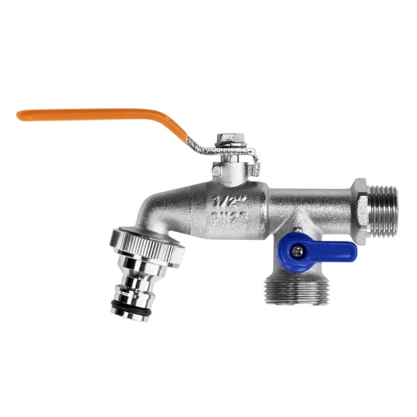 Set med 2 produkter. Kulkran 3/4", 2 x 1" hanuttag, med snabbkopplingsadapter