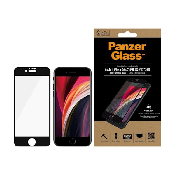 PanzerGlass, Apple, iPhone 6/6s/7/8/SE 2020, Hybridglas, Sort, Afrundede kanter, 100 % berøringsbeskyttelse, Krystalklar, Skærmbeskytter