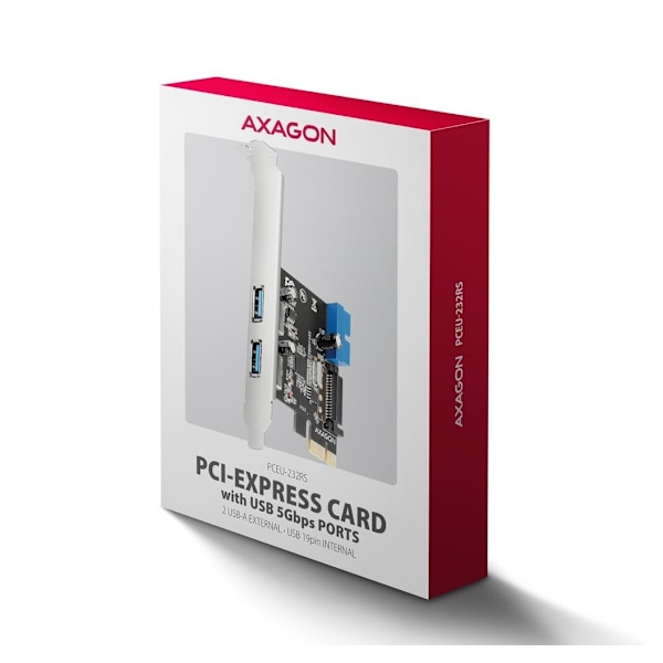 AXAGON, PCI-Express-kortti, jossa on pari sisäistä ja pari ulkoista USB 5Gbps -porttia, PCEU-232RS