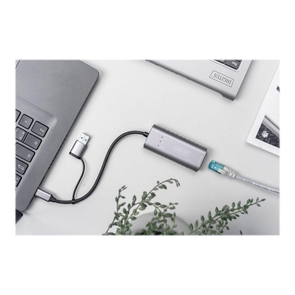 Digitus, USB3.0/USB C 3.1 til 2.5G Ethernet-adapter, USB Type-C Gigabit Ethernet-adapter 2.5G, USB-C + USB A (USB3.1/3.0), DN-3028