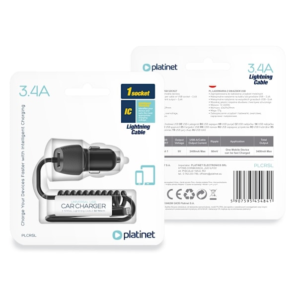 Platinet bilstrømadapter 3,4A USB-A + Lightning (45484)