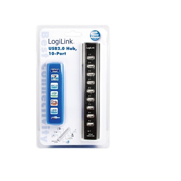Logilink, USB Hub, USB 2.0 Hub-10 port med strømadapter