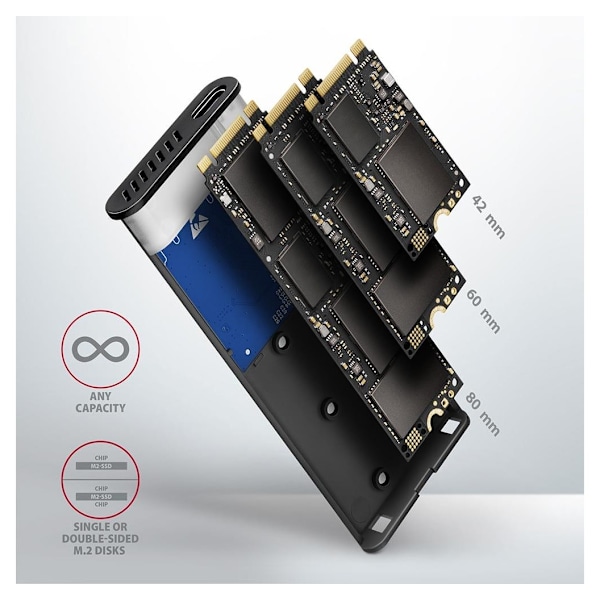 AXAGON, Extern USB-C 3.2 Gen 2 metalllåda för M.2 NVMe & SATA SSD-diskar, EEM2-SG2