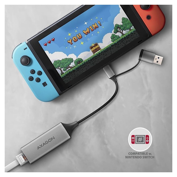 AXAGON, ADE-TXCA Kompakt aluminium USB 3.2 Gen 1 Gigabit Ethernet 10/100/1000Mbit-adapter med automatisk installation, Nintendo Switch-stöd och USB C-