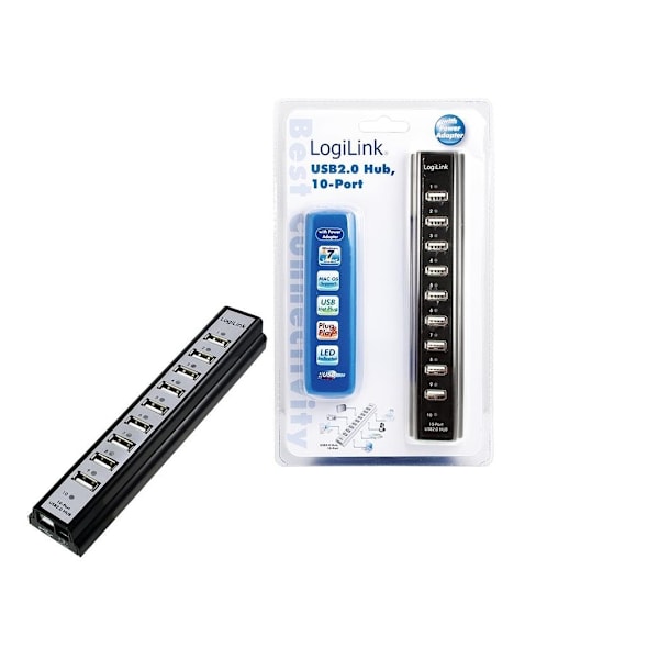 Logilink, USB Hub, USB 2.0 Hub-10 port med strømadapter