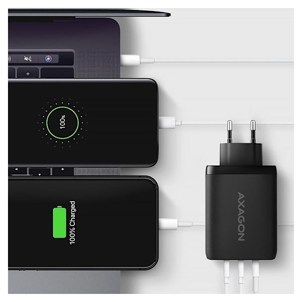 AXAGON, GaN vægoplader, 3x port (USB-A + 2x USB-C), PD3.0/PPS/QC4+/SFC2.0/AFC/SCP/FCP/Apple, 100W, ACU-DPQ100
