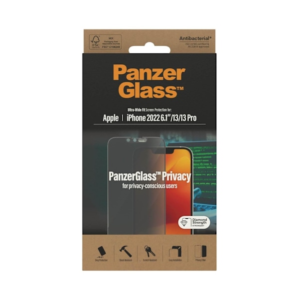 PanzerGlass, Skærmbeskytter, Apple, iPhone 14/13/13 Pro, Glas, Sort, Ultra-Wide Fit, Privatliv