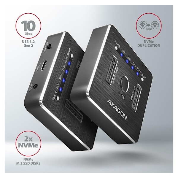 AXAGON, USB-C 3.2 Gen2 - 2x NVMe CLONE DUAL SDD Dock Station, ADSA-M2C