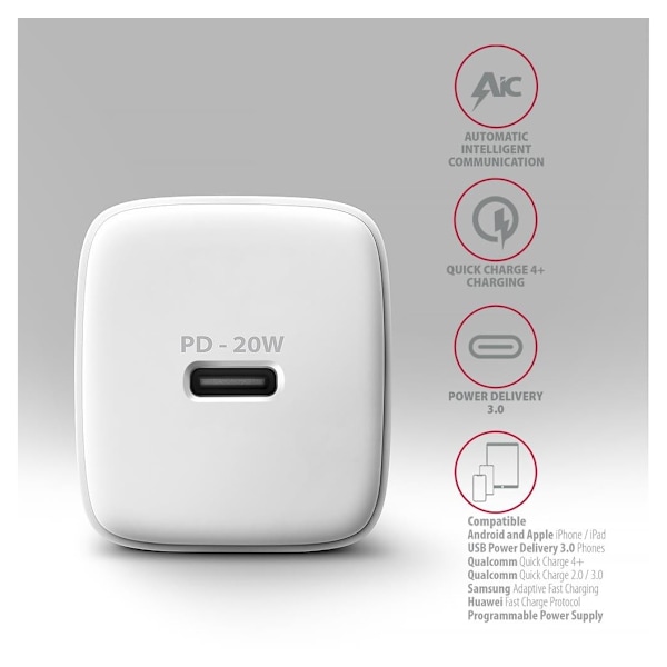 AXAGON, vegglader 1x port USB-C, PD3.0 / PPS /QC4+/AFC/FCP/Apple, 20W, ACU-PD20W