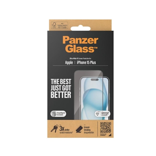 PanzerGlass, Skärmskydd, Apple, IPhone 15 Plus, Glas, Transparent, Ultrabred passform, Reptålig, Fallskydd, EasyAligner ingår