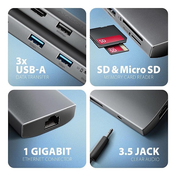 AXAGON, Multiport USB-C 5Gbps hub, HMC-8HLSA