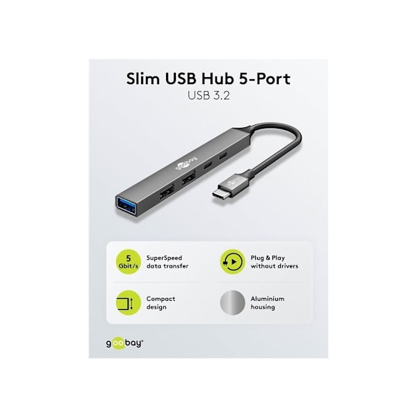 Goobay, slank 5-ports USB-hub, USB-C til USB-C/USB-A, 5 Gbit/s, 74460